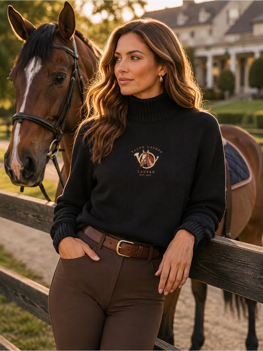 Lauren Ralph Lauren Black Equestrian Horse Embroidered Turtleneck Sweater Small